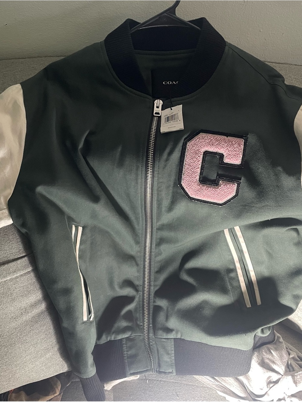 Coach Forest Green and White Bomber Jacket with Pink Chenille Patch Size M